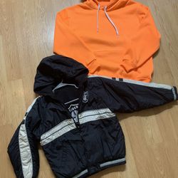 Raiders puffer jacket and orange hoodie