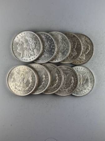 Lot of TEN 1921 Morgan Silver Dollars -- ALL NEAR-UNCIRCULATED COINS! — SHIPPING AVAILABLE!!