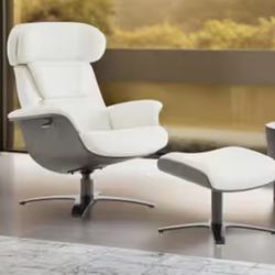 Theo Genuine Leather Recliner Swivel Chair with Ottoman and Adjustable Headrest for Living Room in White