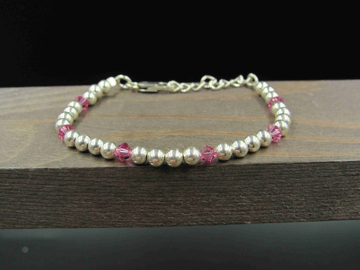 7" Sterling Silver Plain Ball Pink Crystal Bracelet Vintage Elegant Beautiful Everyday Minimalist Statement Simple Unique Trendy