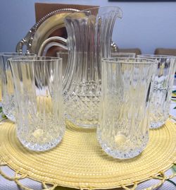 Longchamp Diamond Cut Cristal Pitcher  w/ 6 glasses