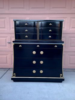 Art Deco Black Lacquer Dresser – 10 Drawer Bachelor's Chest, Gold Detail, Restored