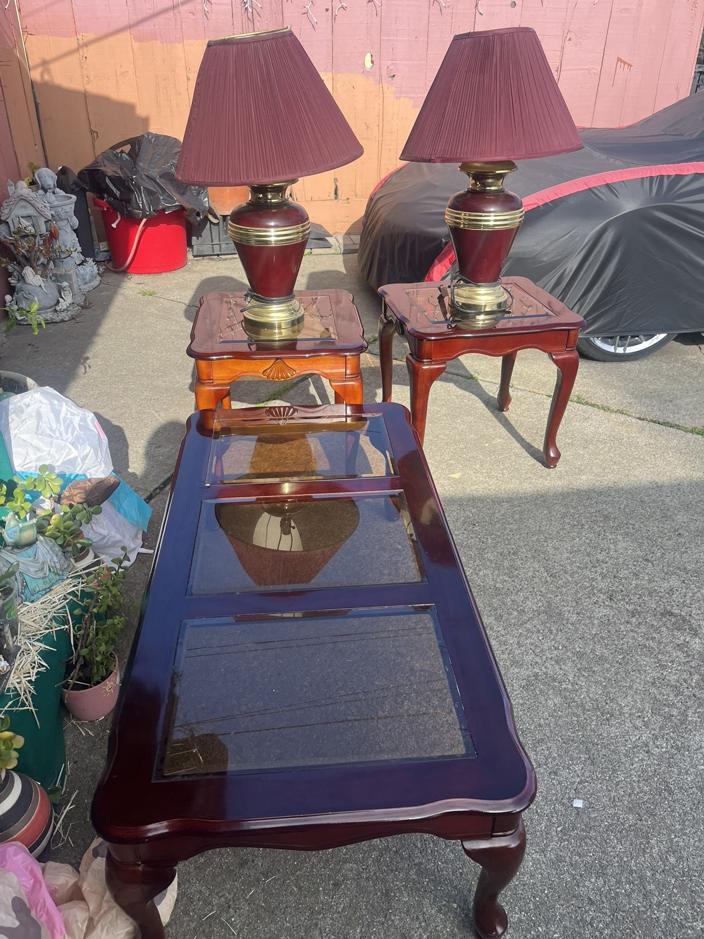 brown Set 2 Lamps 3 Tables 