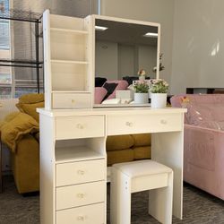 Fully Assembled✨Modern 36” White Makeup Vanity Set✨ — Elegant dressing table featuring a sliding mirror, left-hand drawer, and multi-tier storage she