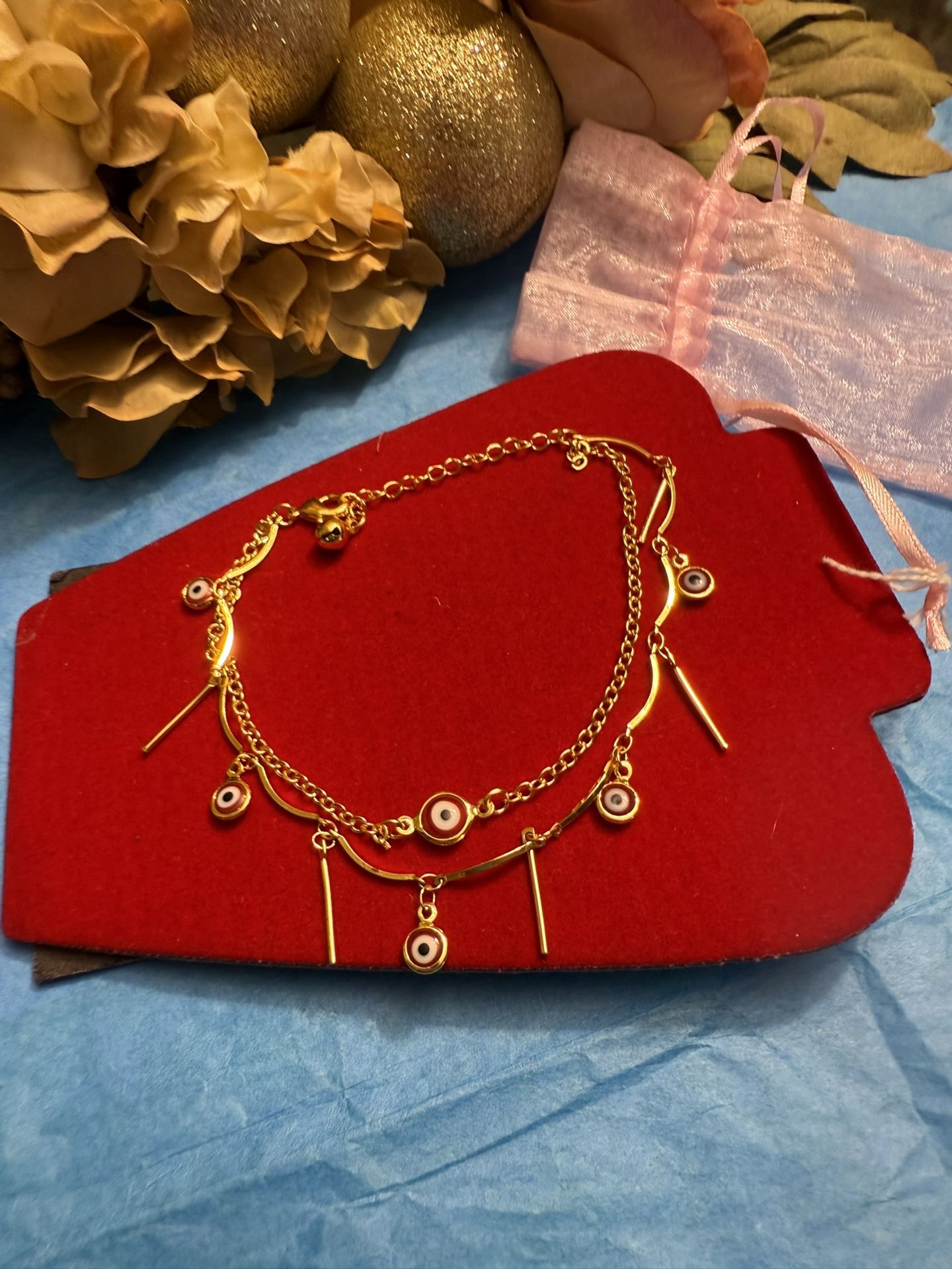 Stunning & Beautiful Vintage Double Layered Evil Eye Charm Anklet
