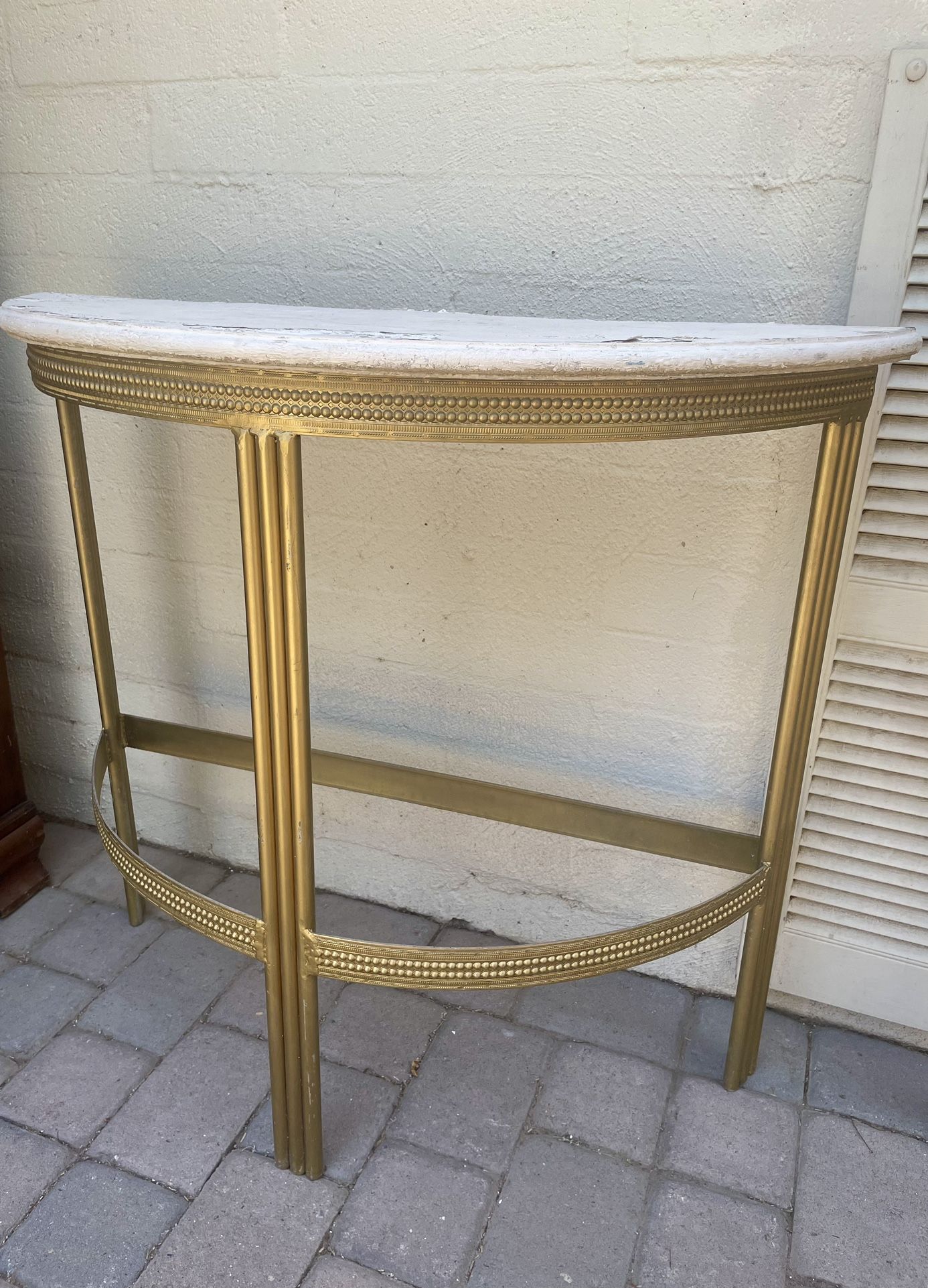 Vintage Art Deco Painted Wood Top 40” Gold Metal Side Table