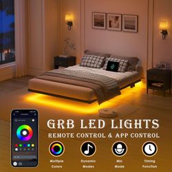 Floating Bed Frame Full Size, Heavy Duty Bedframe with Smart LED Lights & Charging Station  