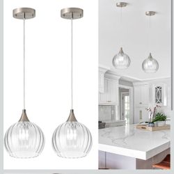 Brushed nickel pendant lights for kitchen island, globe pendant lights with 8-inch clear glass shade, modern hanging lights for kitchen, bedroom (pack