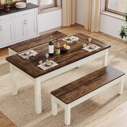 55" Dining Table Set, 3 Pieces Wood Kitchen Table with 2 Benches