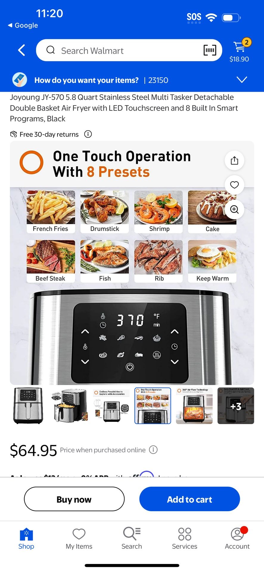 Joyoung JY-570 5.8 Quart Stainless Steel Multi Tasker Detachable Double Basket Air Fryer with LED Touchscreen and 8 Built In Smart Programs, Black