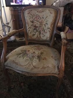 Antique French Needle Point ACCENT CHAIR . Solid Wood Hand Carved Arm Chair