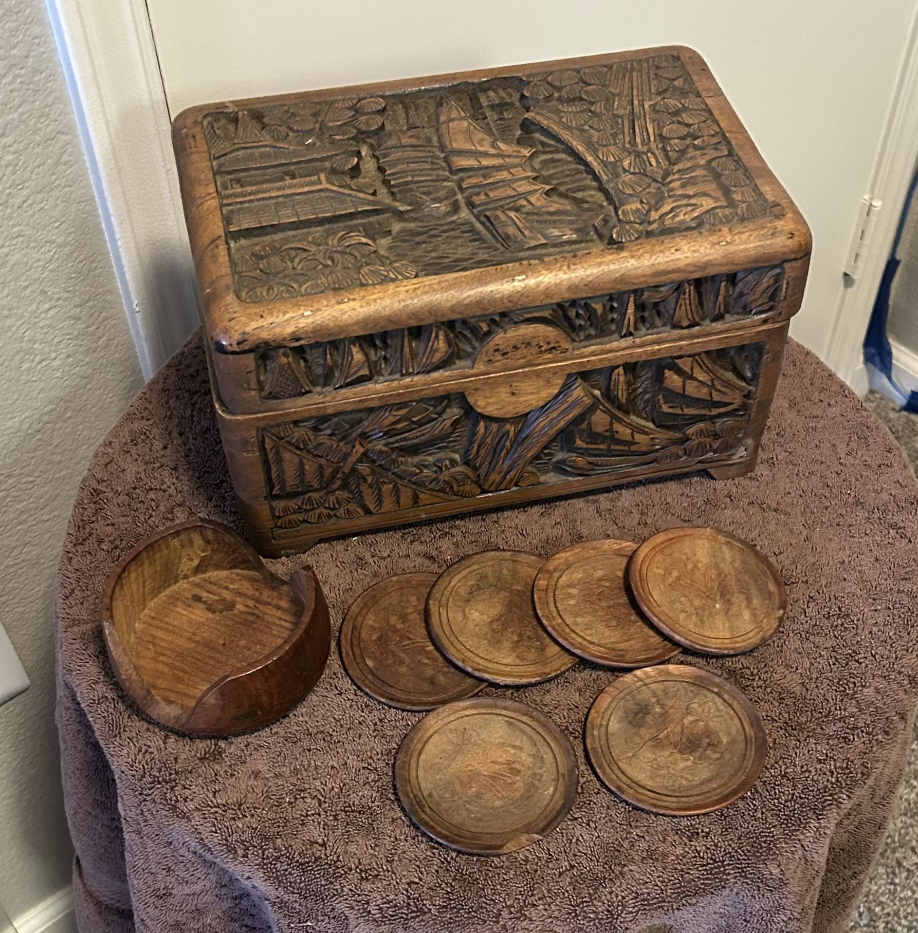 Antique Chinese Camphor Wood Box and Six Vintage Wooden Coasters - $50 Total for Both