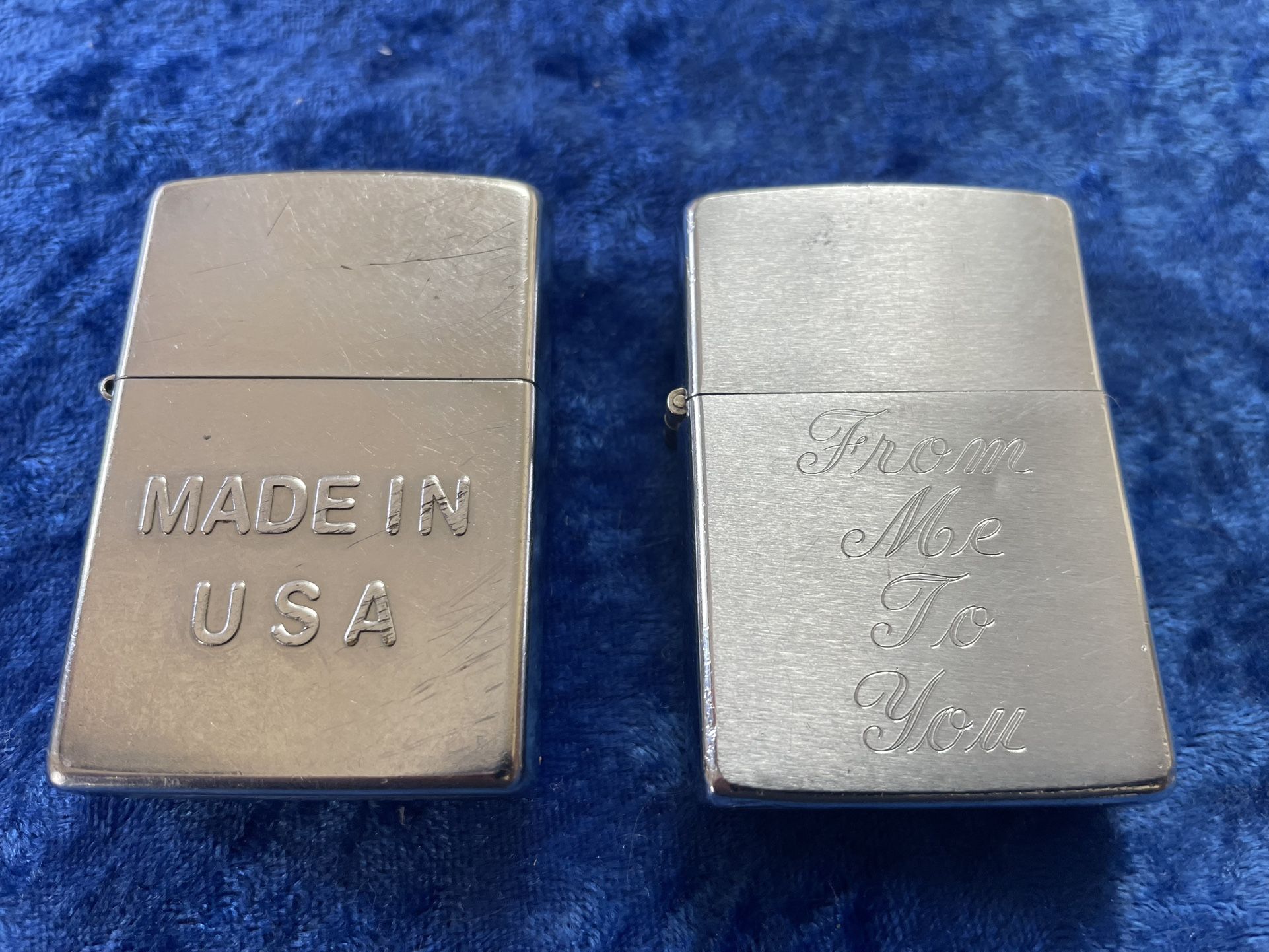 Zippo (2) Vintage Lighters Scribed “Made In USA”&”From Me To You “ Both 5 Barrel