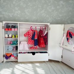 Our Generation Wooden Wardrobe Closet & Clothes Bundle