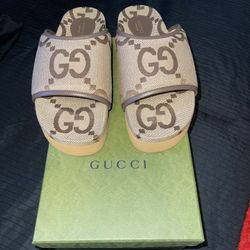 GUCCI GG JUMBO NAPPA CANVAS PLATFORM SLIDE SANDALS