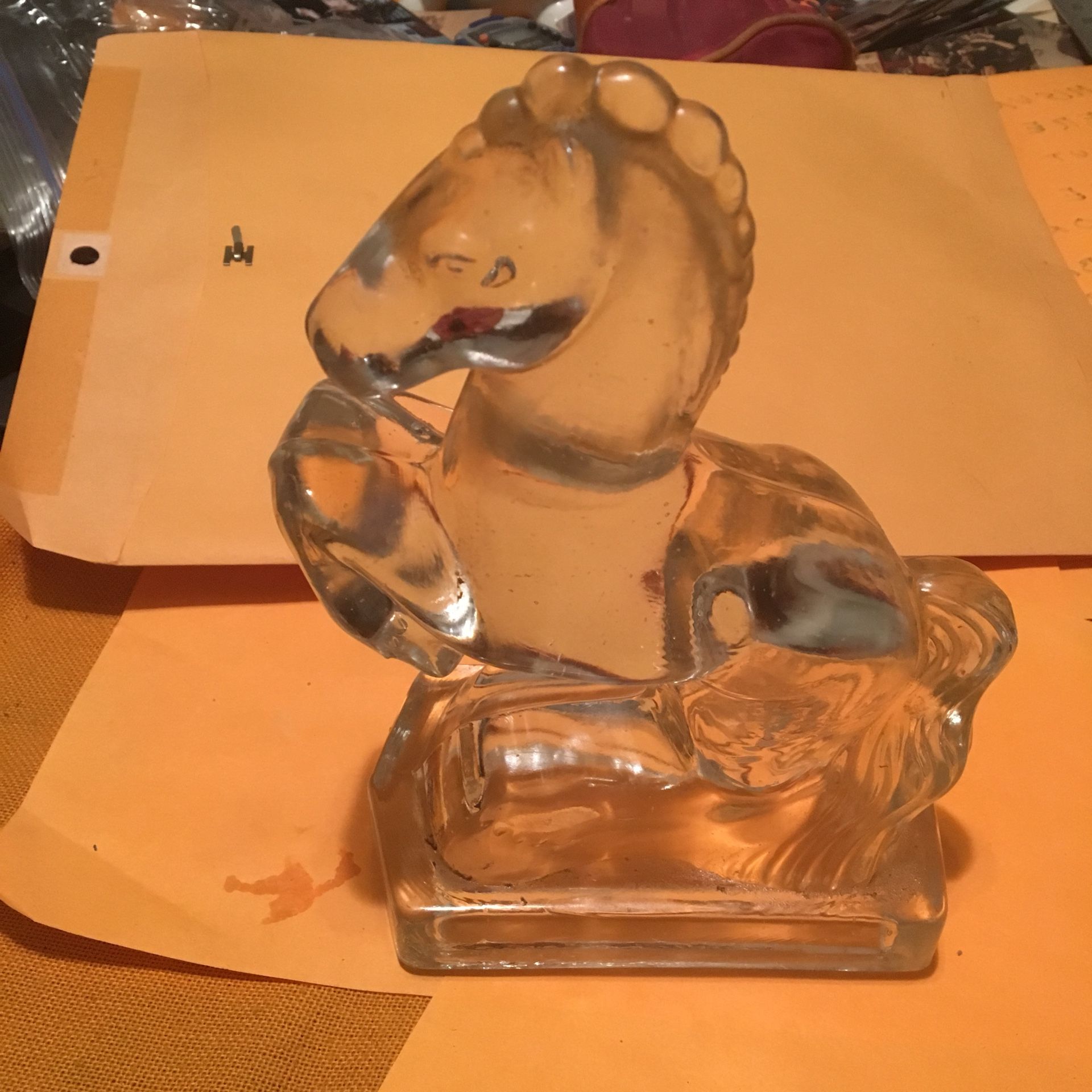 Two heavy glass horse bookends 8” tall