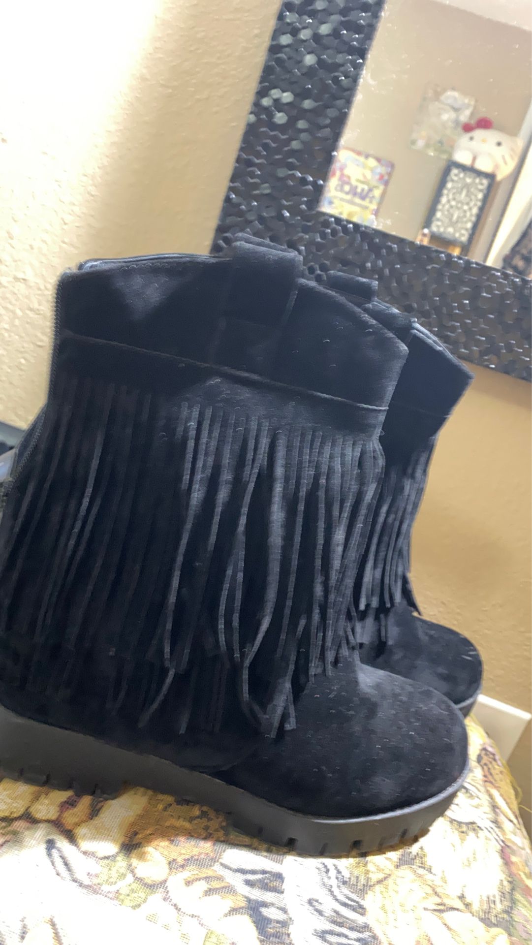 Black Fringe (Suede type material) size 9