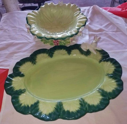 Large Easter/Spring/Rabbit themed serving dishes set of two 1 platter 16X12 inches 1 bowl 10.5 inches A56Y866