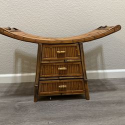 Small Klismos Style Bamboo Curved Rattan Bench Stool w/ 3 Drawers, 17.5"H x 28.5"L x 11"D Price is firm