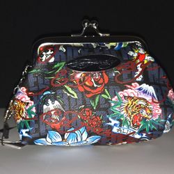 Ed Hardy colorful kiss lock coin crossbody bag with Chain Skulls, Tiger Charm 
