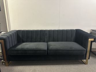 Modern Black Velvet Channel Tufted Sofa with Gold Metal Frame