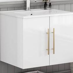Assembled New 24" Wall Mounted Bathroom Vanity with Sink, High Gloss White Floating Cabinet