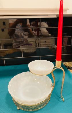 Vintage rare find! Milk glass chip /dip set with ornate gold stand
