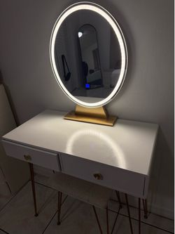White Vanity with LED Mirror, Drawers & Stool