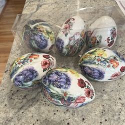 Set Of 6 Vintage Large Decoupage Floral Eggs 4” By 6”