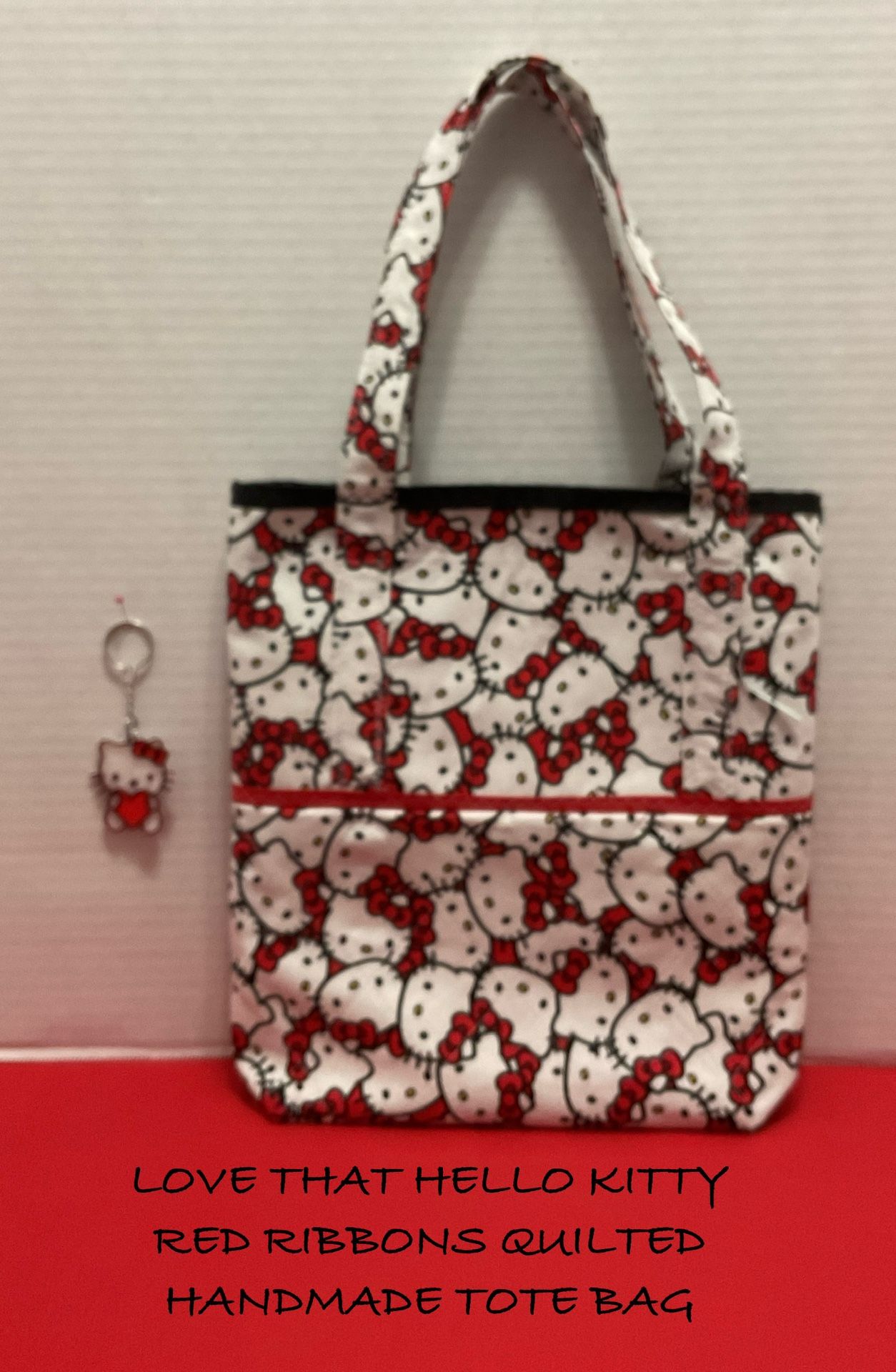 LOVE THAT HELLO KITTY RED RIBBONS QUILTED HANDMADE TOTE BAG 