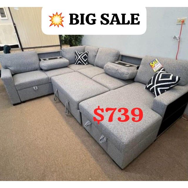 Boucle Fabric 4-Piece Convertible Sectional
Sleeper Sofa W/Fold-Down Table, Chaise Storage, Wireless Charging & Built-in Shelf 119"W X 60"D X 37"H