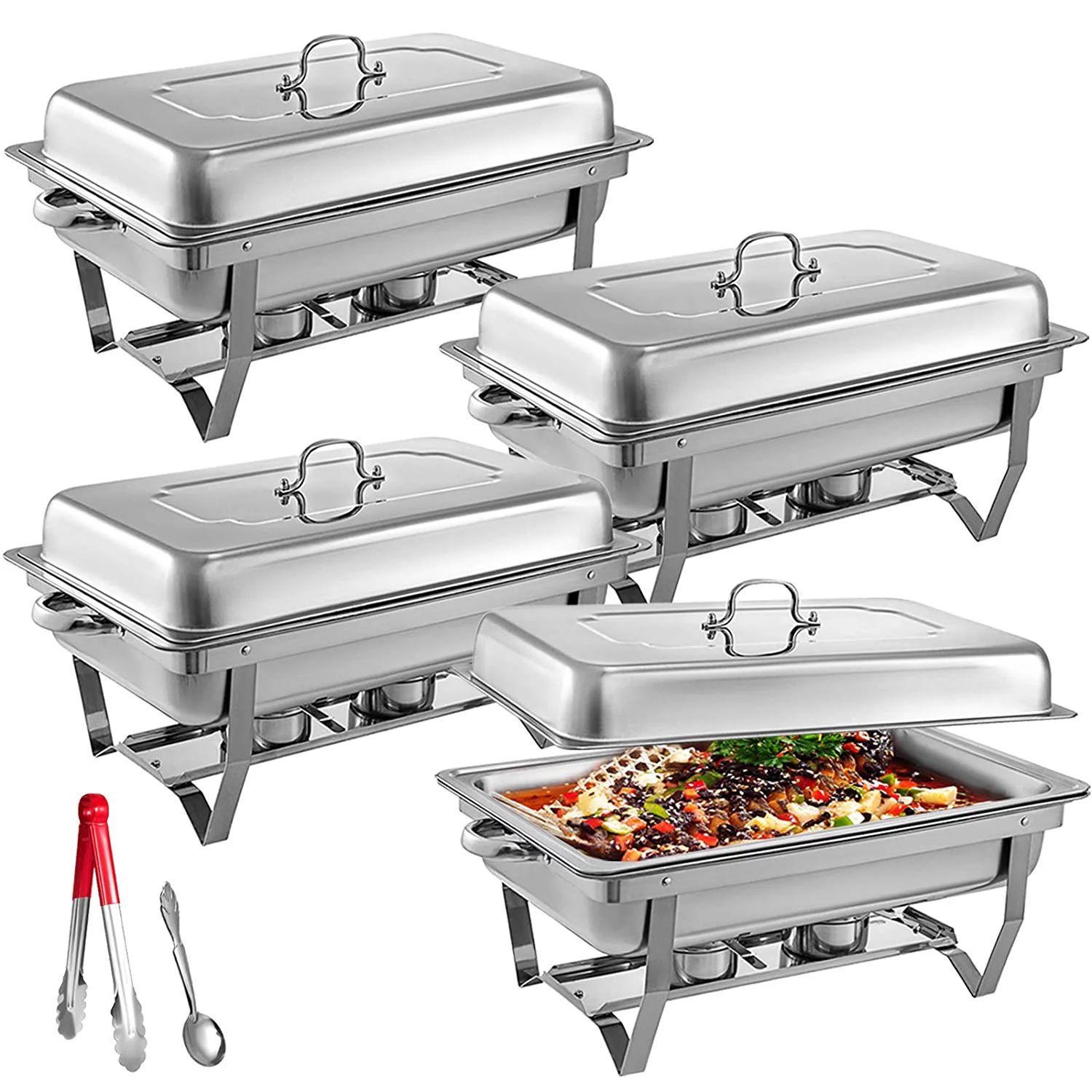 VEVORbrand Chafing Dish 4 Packs 9L/8 Quart Stainless Steel Chafer Full Size Rectangular Chafers for Catering Buffet Warmer Set with Folding Frame Silv