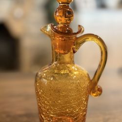 Vintage Amber Crackle Glass Cruet with Double Ball Stopper