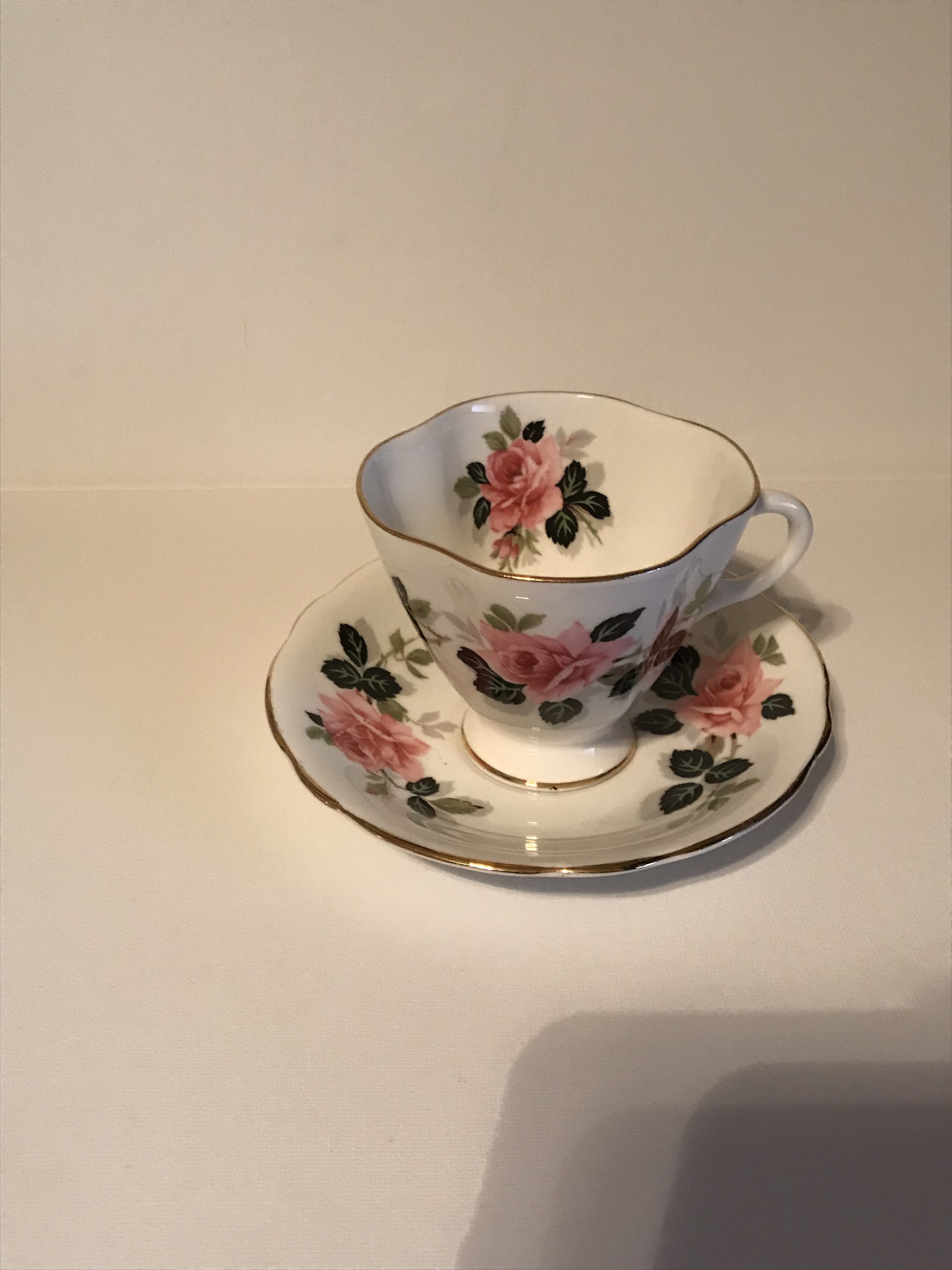 Antique Clarence Bone China England Pink Rose Tea Cup & Saucer