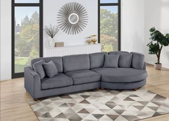Brand New Grey Corduroy Sectional Sofa (Pillows Included)