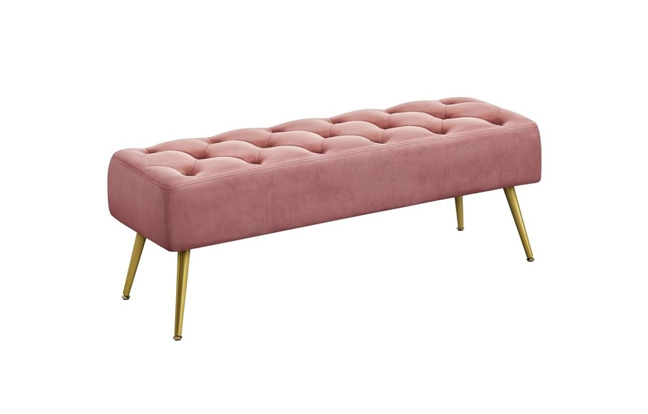 Modern Ottoman Bench Velvet Bench Upholstered Footrest for Living Room with Gold Metal Legs and Padded Seat Pink