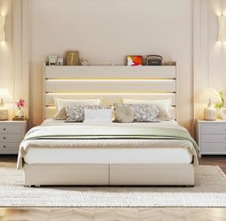 Queen Bed Frame with 2 Storage Drawers, Velvet Upholstered Bed Frame Queen Size Upholstered Headboard with LED Light & Charging Station, Platform Bedf