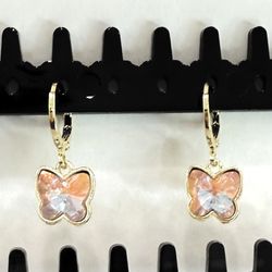 GOLD BUTTERFLY DANGLE EARRINGS WITH PINK CRYSTAL CHARMS