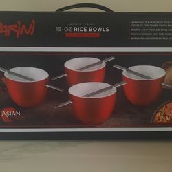 Brand New Parini 15 oz Ceramic Glazed Rice Bowls & Stainless Steel Chopsticks Quantity 4