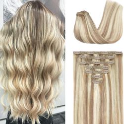 Human Hair Extensions Clip for Women  7pcs with 16clips,120 Gram (#18/613 Honey Blonde With Bleach Blonde, 18 Inch)