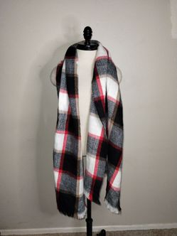 Oversized Red Black White Gold Plaid Winter Fall Harvest Holiday Scarf 24"x70"