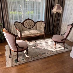 Antique Loveseat, Chairs And Lamp