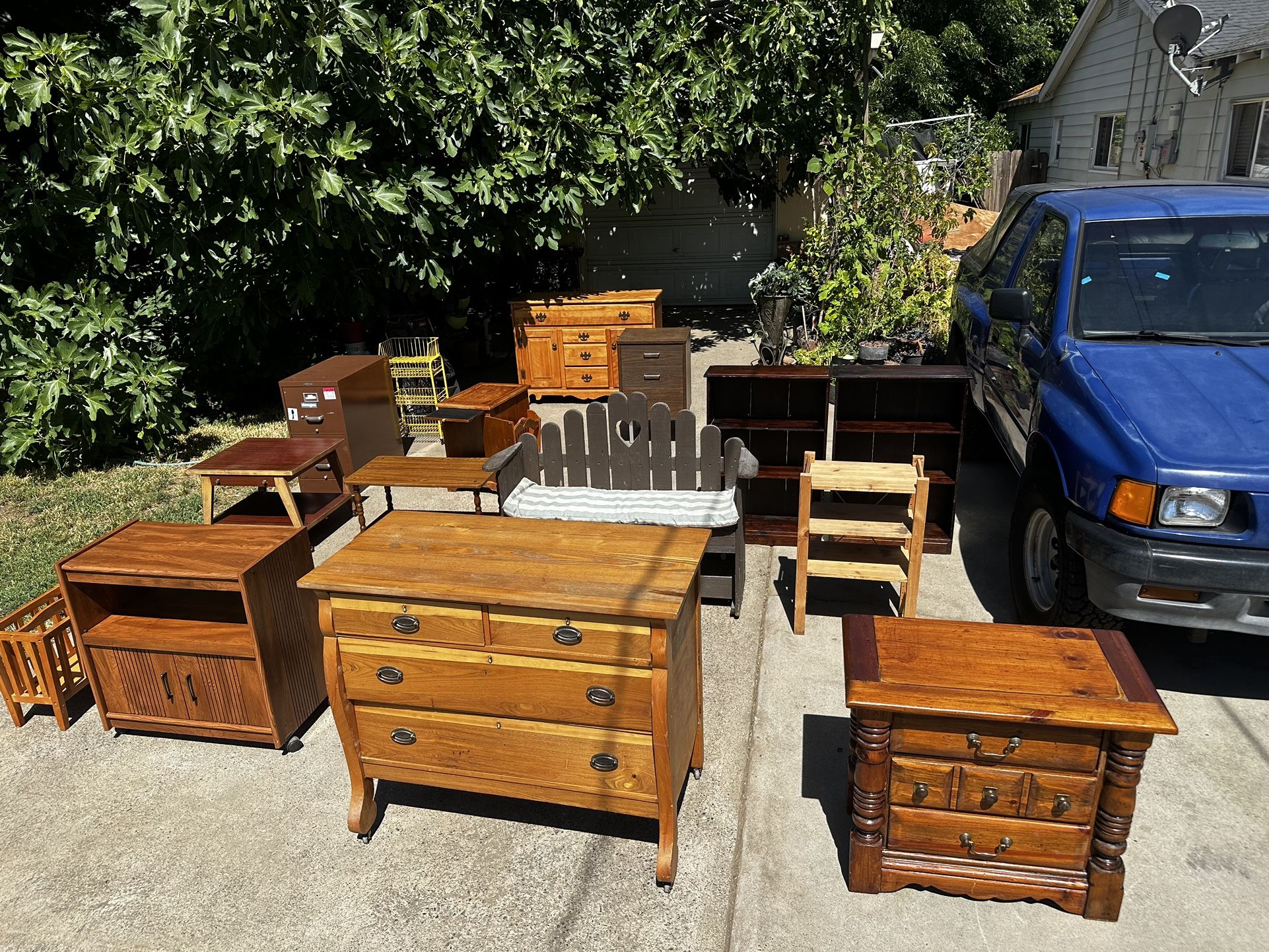 Furniture: Dresser(s)/Hutch, End Tables, Night Stands, Microwave Caddy or TV Stand (some on wheels), Bookshelves, Charming Outdoor Bench