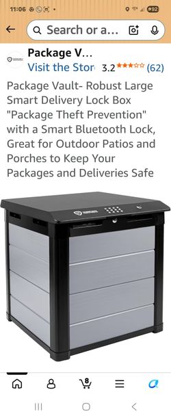 Robust smart delivery lock box is constructed from weather-resistant materials with a grey and black finish. This Package Vault model has a smart Blue