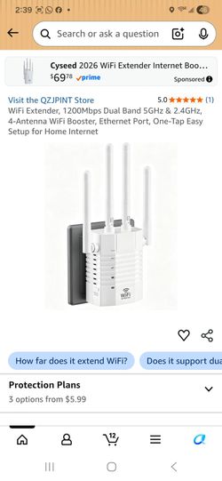 WiFi Extender, 1200Mbps Dual Band 5GHz & 2.4GHz 4-Antenna WiFi Booster, Ethernet Port, One-Tap Easy Setup for Home Internet
