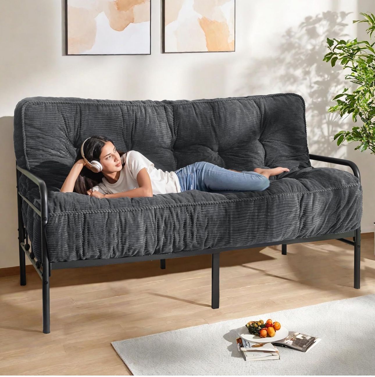 MAXYOYO 8" Futon Mattress Full Size, Tufted Futon Sleeper Sofa Bed, Floor Mattress for Adults, Shredded Foam Filling, Dark Grey