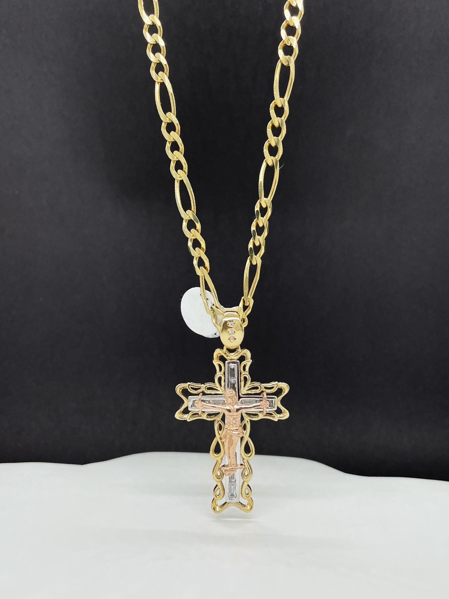 14k Solid Gold Figaro Chain And Crusifijo , Cross Pendant , Necklance Gold Pendant