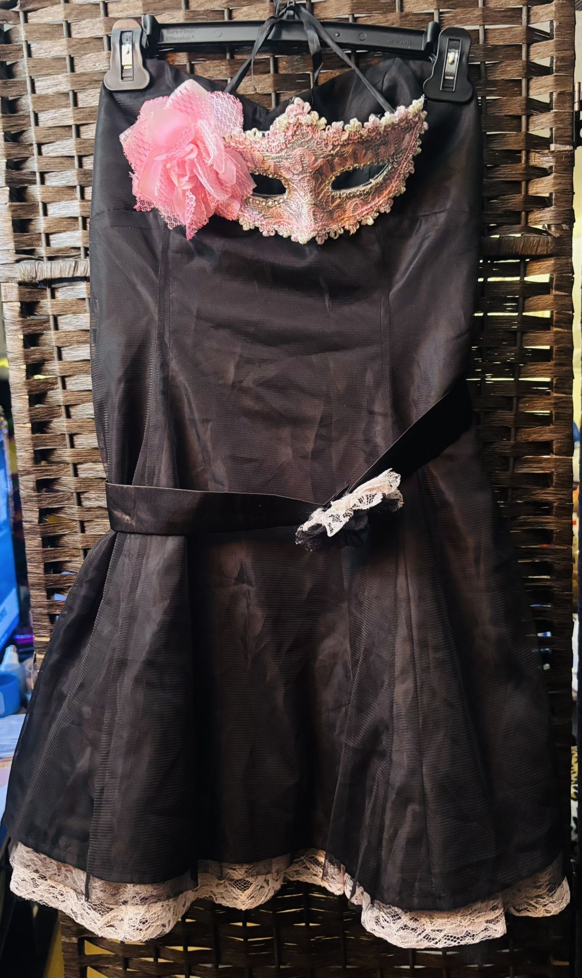 Masquerade Black Gothic Princess Mini Tulle Filled Dress with Pink Mask