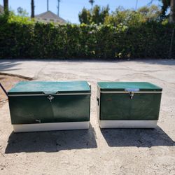 2 1970s Vintage Coleman Metal Steel-Belted 54 Quart And Snow Lite 28 Quart Cooler Ice Chases With White Base