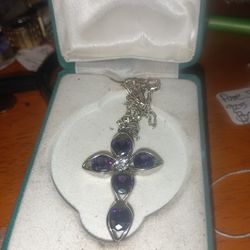 Beautiful Amethyst And Diamond Cross With Pure Silver 925 Necklace 